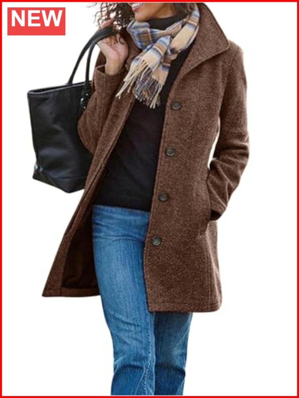 Womens Wool Pea Coat Single Breasted Stand Collar Winter Trench Overcoat
